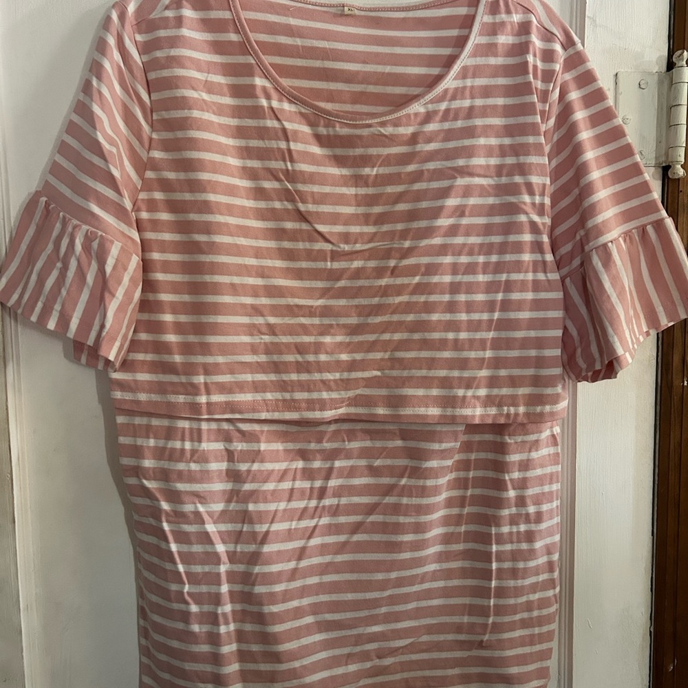 Pink and white striped nursing friendly shirt with bell sleeves!